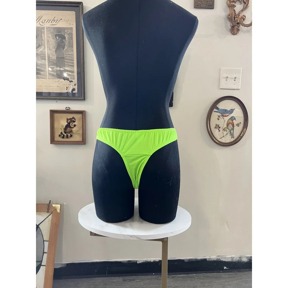Vintage Neon Lime Green Minimalist Thong Bikini Bottoms Swimwear Large